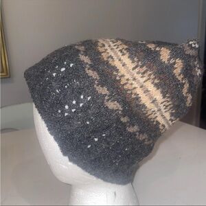 Hand-Knit Gray and Beige Fair Isle Lambs Wool Beanie Lauren